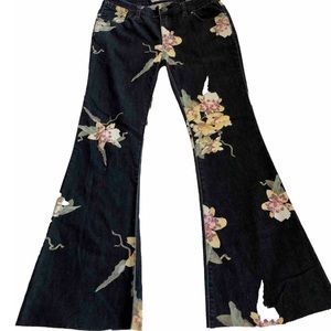 FREE PEOPLE Black Floral Miami Nights Bali Flare Jeans sz 28 Low-Rise